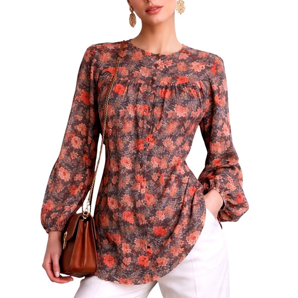 Zara Trafaluc Floral Embroidered Boho Button Front Blouse Brown Orange‎ Medium